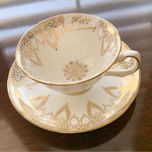 Royal Grafton English Bone China Cup & Saucer "Happy Anniversary" Gold Laurel